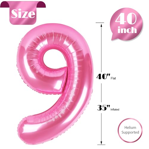 Image of Pink Number 9 Balloon 40 Inch, 9th Birthday Party Decorations, Giant 9 Foil Balloon for Party Supplies