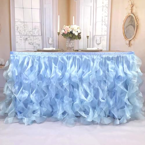 Image of Luxury Organza Mesh Table Skirt Draping Floating Romance - Perfect for Bridal Showers, Birthday Weddings - Clear Flowing Decoration for a Wonderful Main Cake Table (Sky Blue-6ft, 72 inchLx30 inchH)
