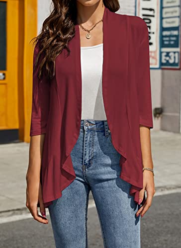 Hocosit Womens Casual Open Front Cardigans Lightweight Drape Ruffles 3/4 Sleeve Cardigan S-Xxl Wine Red Large #TOP1