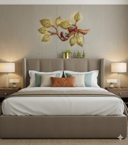 Image of Bharat Art Metal Tree Wall Art with LED Light for Living Room | Handcrafted Iron Tree Wall Hanging Home Decoration for Bedroom, Hall, Office & Entrance | 2 Bird Tree | 48 x 02 x 36 inch | W039