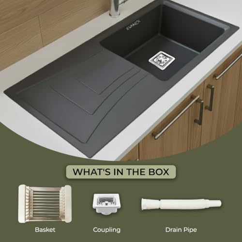 Image of EVANEX Quartz Sink for Kitchen|36x18x9 inch Kitchen Sink with Drain Board|Granite Sink for Kitchen Basin|Grey Quartz Kitchen Sink with Connector, Waste Pipe, Coupling and Drain Basket
