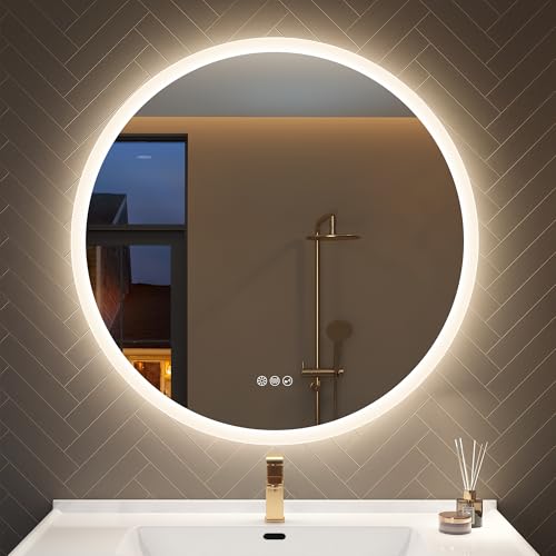 STARLEAD 90cm Runder-Badspiegel-mit-Beleuchtung und Bluetooth, Badezimmerspiegel Rund mit Beleuchtung Dimmbar, 3 Farbtemperatur, Entfoggen, Speicherfu