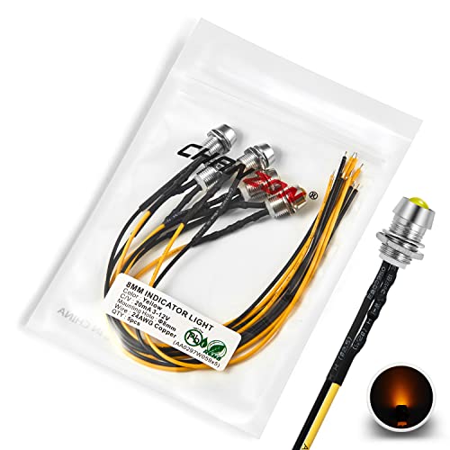 Chanzon 5 pcs 8mm Panel Mount + 5mm LED Colored Yellow Pilot Diode Light (Diffused Round Lens) 12V Universal Flush Mount Dash Board Indicator Panel Socket Lights Bulb Lamp for Cars Boats