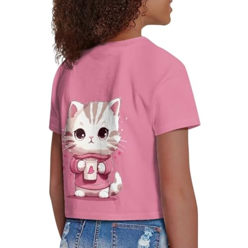 Image of Cat Pattern Summer Tops for Girls Cartoon Kids T Shirts for Girls Skin Friendly Crop Tops for Kids Girls Short Sleeve Girls Summer Shirts Soft Blouses Gift for Birthday, X-Small