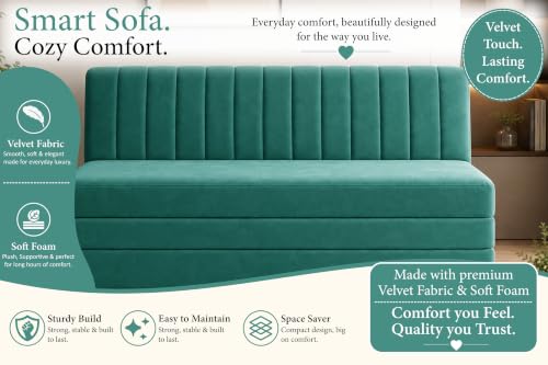 Image of 3-Seater Velvet Sofa Cum Bed | Convertible Sleeper Sofa | Modern Foldable Couch for Living Room, Bedroom & Office | Green