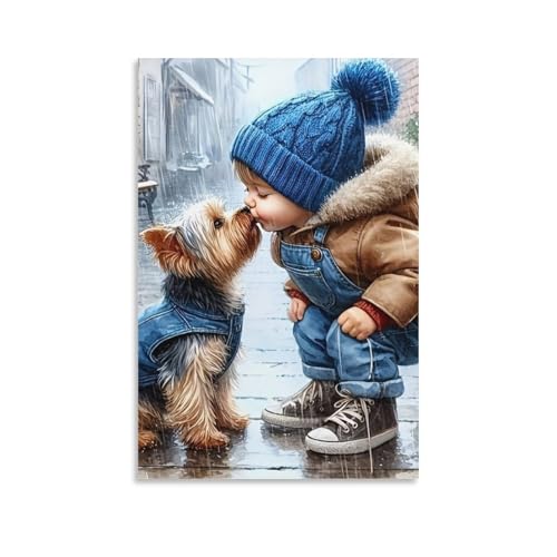 DHBANEIOK Niño perro beso_1 Cuadro En Lienzo Cuadros Decoracion Pinturas Murales Cuadros Modernos Impresiones De Lienzo Para Sala De Estar Decoración De Dormitorio 24x36inch(60x90cm)