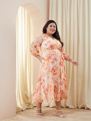 Image of Miss Chase A+ Women's V-Neck Three-Quarter Sleeve Floral Wrap Chiffon Midi Dress