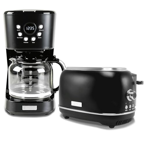 Haden 12 Cup Programmable Drip Coffee Maker Coffee Machine Bundled with Heritage 2 Slice Wide Slot Stainless Steel Toaster, Turquoise & Chrome