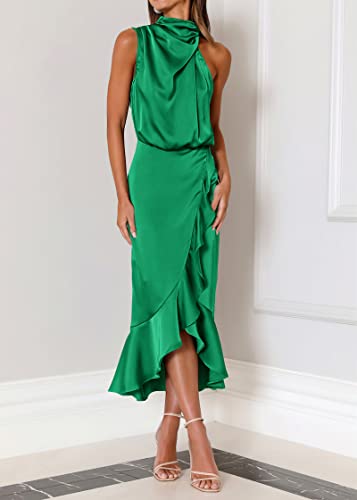 Image of KIRUNDO Women's Summer Satin Mock Neck Wedding Guest Dress | Party Cocktail Midi Dress, 2026 Spring Fashion, Silky, Elegant Classy Halter High Neck, Sleeveless Wrap Ruffle Formal Dress