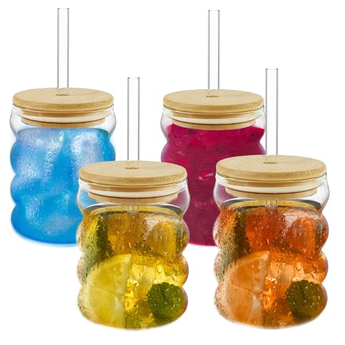 TNTGMG 4 vasos de café helado, vasos de 300 ml con tapa de bambú y pajita de cristal, vasos de burbujas, vasos de té helado para cócteles, agua, soda, zumo, leche