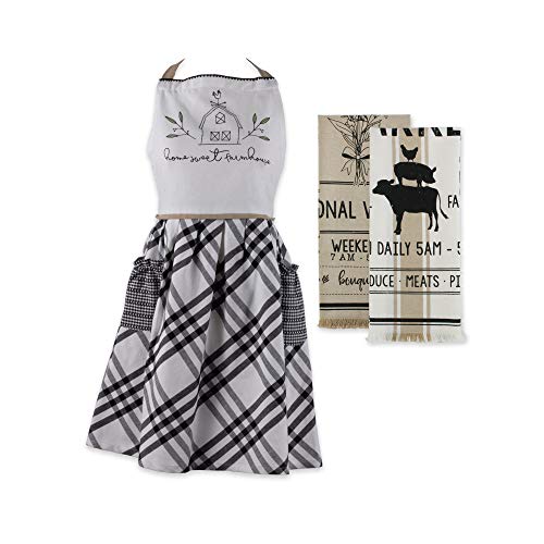 DII Home Sweet Farmhouse Kitchen Collection, Apron/Dishtowel Set, Black, 3 Count