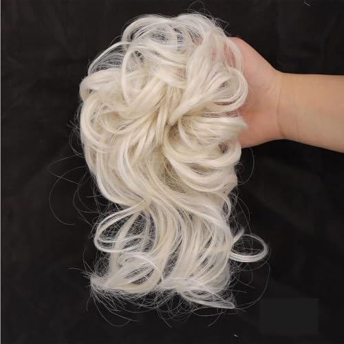 Haarteil Haargummi Hochsteckfrisuren,Messy Bun Haarteil Mit Gummiband Gelockt Haardutt ponytail extension Tousled Updo Haarteile for Women Girls (#60(Weißblond))