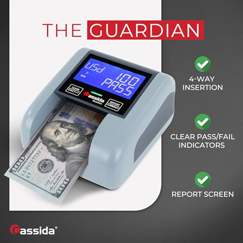 Image of Cassida Quattro Fast Automatic Currency Counterfeit Detector with Advanced Sensors (UV,MG,IR,MT,Thickness,Size) - All-Orientation Feeding - Rechargeable Battery - 3.5 inch Value (Pass /Fail + UV /MG)
