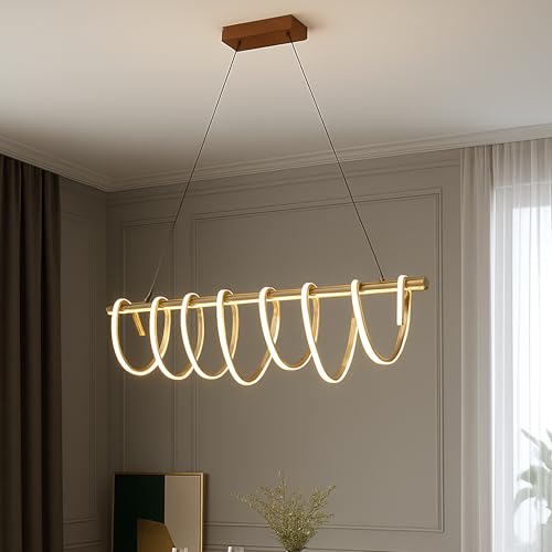 Image of SINOMAN Contemporary Swirl LED Chandelier Adjustable Gold Linear Pendant Ceiling Light Curved Design Golden Finish 3 in 1 Color Changing Ceiling Lighting Fixture for Living Room, Bedroom and Home