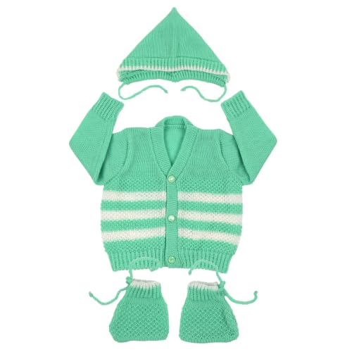 Image of Infants Woollen Sweater Set for Babies with Cap and Socks, Green, Long Sleeve, V-Neck, 3 to 6 Months, 3 Pcs Set