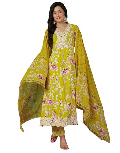 Image of SKYLEE Cotton Printed, Embroidery and Mirror Work A-Line Kurta Set with Dupatta