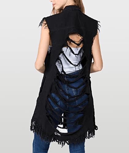 SOMTHRON Women's Distressed Ripped Sleeveless Mid Long Denim Jacket Button Up Jean Vest Cardigan Coats Waistcoat4