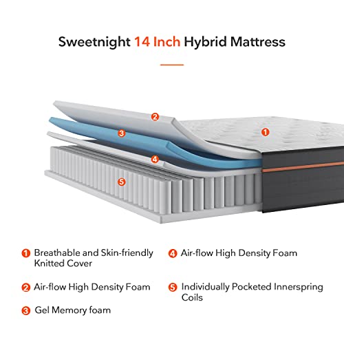 Sweetnight California King Mattress, 14 Inch Plush Pillow Top Hybrid Mattress, Cooling-Gel Memory Foam Cal King Mattress With Individual Pocket Innerspring For Motion Isolation & Balance Support,Grey #TOP3