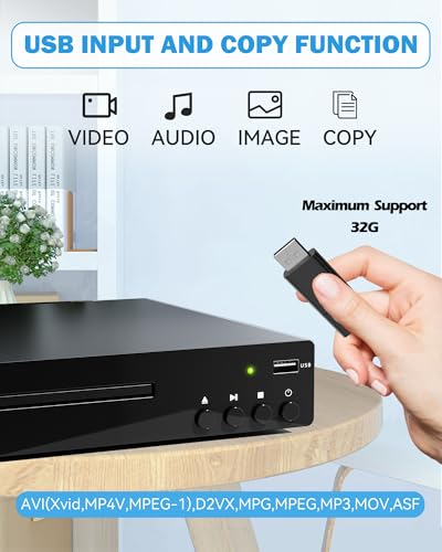 Kompaktowy odtwarzacz DVD do telewizora, odtwarzacz DVD do domu z HDMI, RCA, USB, pilot zdalnego sterowania, obsługa wszystkich regionów 1080P, NSTC/PAL, formaty CD, pamięć punktów przerwania
