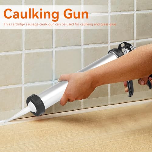 Agatige Caulking Gun, 600ml/20oz Sealant Sausage Caulking Gun with Aluminum Cartridge, Manual Drive Cartridge Sausage Caulk Gun Glue Gun Caulk Tool with 10 Nozzles for Caulking, 49cm/19.29 Inch