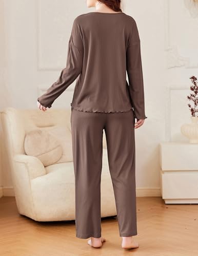 Ekouaer Womens Ribbed Knit Pajamas Set V Neck Long Sleeve Pj Set 2 Piece Loungewear Casual Sleepwear