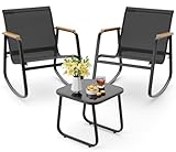 Aiho 3 Piece Rocking Bistro Set, Textilene Fabric Patio Furniture Set, Front Porch Rocker Chairs with Coffee Table for Lawn, Garden, Balcony, Poolside (Black)