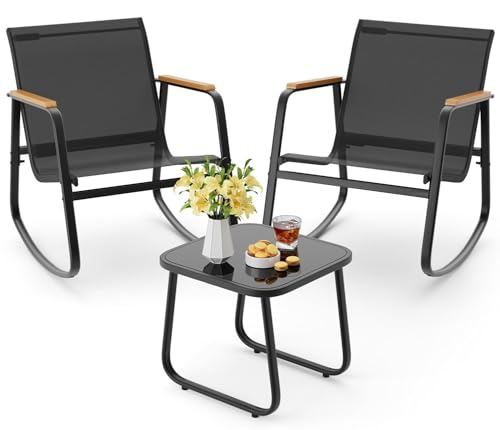 Aiho 3 Piece Rocking Bistro Set, Textilene Fabric Patio Furniture