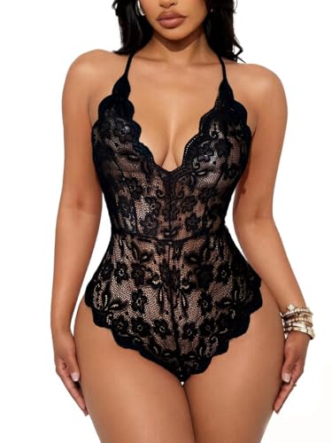 Buitifo Femmes Body en Dentelle Lingerie Sexy Teddy V-Cou One-piece Babydoll Pyjama Négligé (Noir-S)