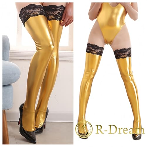 [R-Dream] ニーハイ ストッキング エナメル風 タイツ 光沢 フェイクレザー かかと付き ボンテージ 女王様 コスプレ コスチューム SM メタリック カラー 滑り止め 太もも丈 サイハイ - 画像4