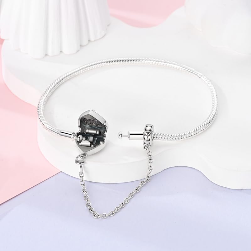 Image of 925 Sterling Silver Snake Chain Bracelets Fit Pandora Charms,Heart Clasp Bracelets Perfect For Any Glamour Gift for Women with 5 A Cubic Zirconia