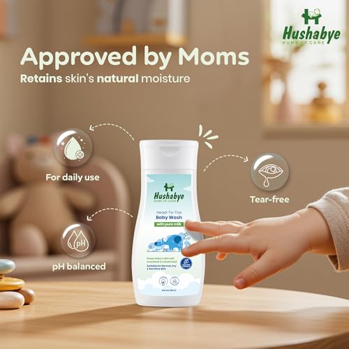 Image of Hushabye Head to Toe Baby Wash (200ml) & Baby Dusting Powder (100g) with Milk Protein | Tear-Free Formula, pH Balanced for All Skin Types | Newborn Care Gift Set, Combo Pack of 2