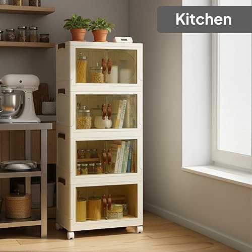 Image of CELLO Foldable Plastic Cabinet | 4 Tier Cabinet | Multipurpose Storage Organizer for Clothes, Toys & Household Items | Racks for Home & Kitchen | Space-Saving Design | Beige & Brown