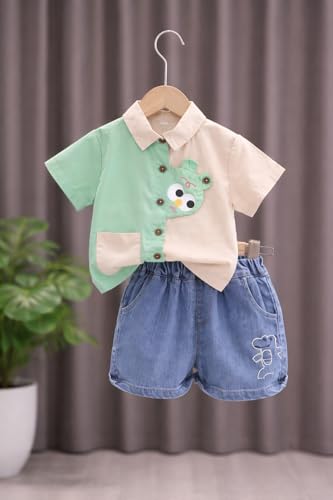 Image of Bold N Elegant Kids Summer Cotton Half Sleeve Dinosaur Collar Shirt n Denim Shorts for Infant Toddler Boys Smart Casual Clothing Set