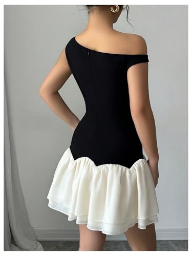 Image of Verdusa Women's Color Block Ruffle Off Shoulder Dress Drop Waist Layered Mesh Mini Dress