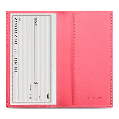 Image of HISCOW Slim Leather Checkbook Cover for Personal Checks, Premium Pink, One Size | Full grain cowhide, transaction register & check book pockets, removable duplicate divider, durable stitching, gifts for men