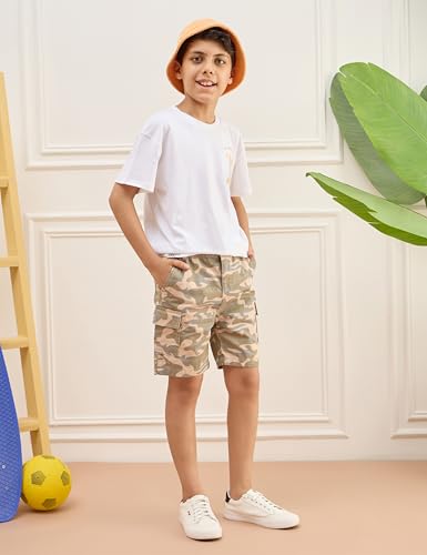 Image of Amazon Brand - Symbol Boy's Graphic Print Oversized Fit T-Shirt and Cargo Shorts (KD-TSB-SS25-10 (6-14 yrs) White + Khaki Camo 10-12 Y)