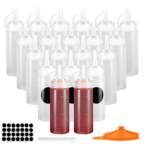 Condiment Squeeze Bottles, OAMCEG 20-Pack 4oz Plastic Squeeze Squirt Bottles with Twist On Cap Lids and Discrete Measurements for Ketchup, BBQ, Sauces - Includes Funnel, Erasable Marker and 28 Labels