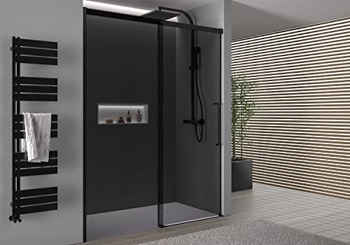 BERNSTEIN Nicho de ducha con puerta corredera de cierre suave 170x195cm DX906 Instalación flexible Ducha de cristal gris con mampara de ducha NANO, color del perfil en negro