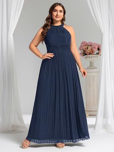 Ever-Pretty Plus Women's Floor Length A-Line Halter Sleeveless Pleated Glitter Plus Size Formal Dress Evening Gown3