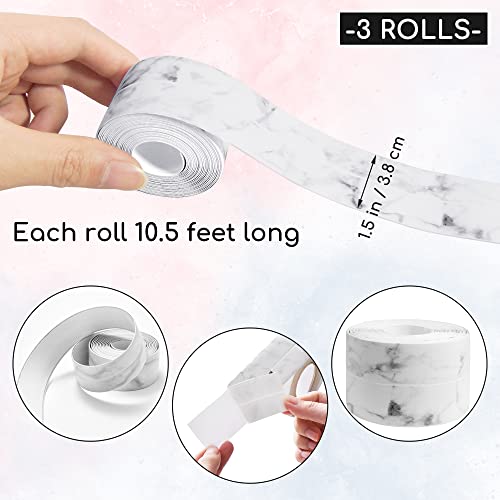 Image of 3 Rolls 10.5 Feet Caulk Tape Toilet Caulking Strip Self Adhesive Bathroom Sealing Peel and Stick Caulk Strip for Bathtub, 1.5 Inches (White Marble)