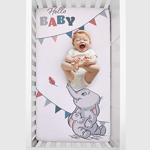 Image of NoJo Disney Dumbo Gray, Teal, and White Hello Baby Nursery Photo Op Fitted Crib Sheet