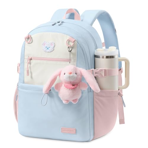 LOVEVOOK Backpack for Girls Cute School Backpack with Bunny Charm & Large Cup Holder for Primary Elementary Fits 15.6 Inch Laptop Large Capacity Girls Bookbag Sky Blue-Pink-Beige