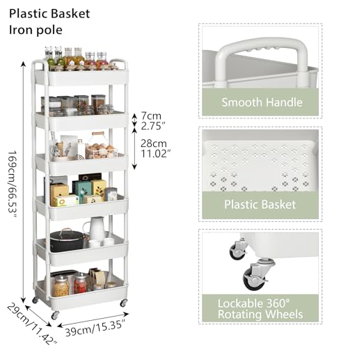Image of Sywhitta 6-Tier Plastic Rolling Utility Cart with Wheels for Storage,White | Multi-Functional Storage Trolley, for Office, Living Room, Kitchen, Bathroom,Movable Organizer,Space-Saving,Easy to assemble