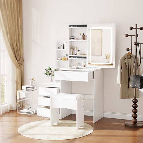 ZBAUK Dressing Table with LED Lighting Mirror, 3 Lighting Modes Adjustable Brightness,Vanity Table,Makeup Desk with 4 Drawers and 3 Storage Shelves, Modern White - Cosy Home Interiors ZBAUK Dressing Table with LED Lighting Mirror, 3 Lighting Modes Adjustable Brightness,Vanity Table,Makeup Desk with 4 Drawers and 3 Storage Shelves, Modern White - Image 6