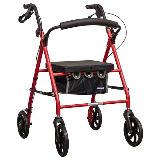 Aidapt Four Wheeled Lightweight Rollator Mobility Walker with Bag and 8 Inch Wheels for Indoor and Outdoor Use for Suport When Walking and Shopping