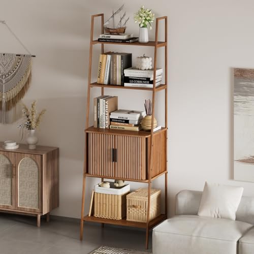 Image of LUVIOHOME 4 Tier Bookshelf with Drawer,Tall Narrow Bookcase with Shelves, Wood and Metal Bookshelves Storage Organizer,Industrial Display Standing for Living Room, Home Office, Entryway (Walnut)