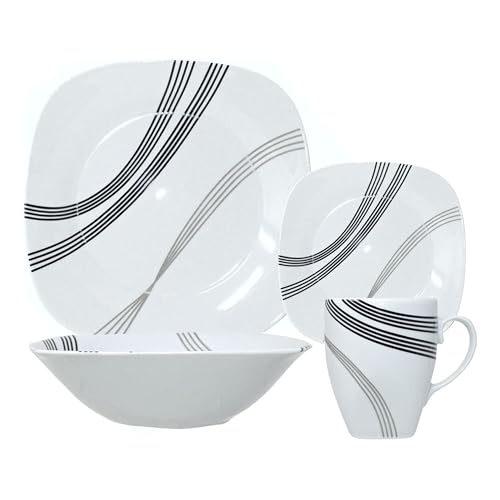 Reldor 16 Piece Square Porcelain Dinner Set for 4 – 4 Dinner Plates and Bowls Set with 4 Side Plates & Mug, Microwave/Dishwasher Safe, Highly Resistant Dinnerware, Kitchen & Dining-Black Grey Stripe