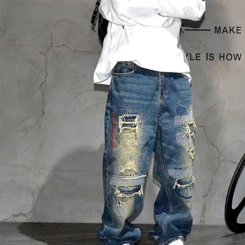 Men’S Streetwear Straight Baggy Denim Cargo Pants Midweight Distressed Fashion Trousers Full Length Jeans3