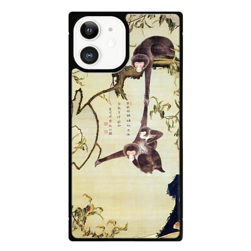 ブレインズ iPhone15 耐衝撃 強化ガラス 四角 ケース 若冲 猿猴摘桃図 猿 和風 和柄 絵画 風景 花鳥風月 ガラスケース スクエアタイプ スクエア iphone15 アイフォン15 アイホン15 アイホン アイフォーン アイフォン ハード ハー