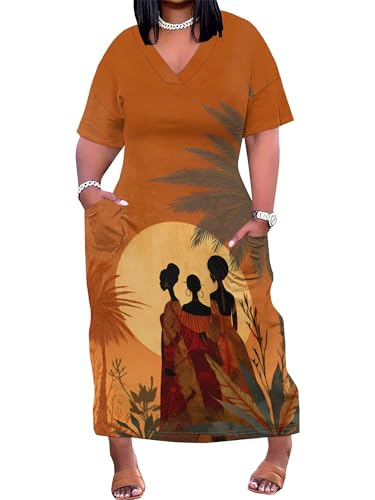 Image of Plus Size Maxi Dress for Women Short Sleeve V Neck Casual Loose Sundress with Pockets